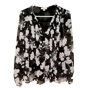 Calvin Klein floral print v neck puffed sleeve pleated blouse M Retail $79    C3